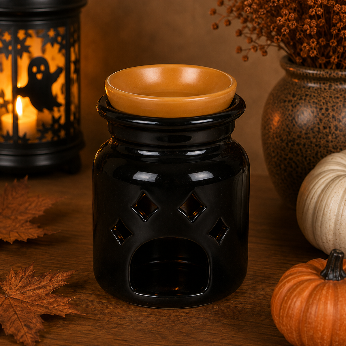 Quemador bote apotecario negro Halloween vista trasera con calados en rombo
