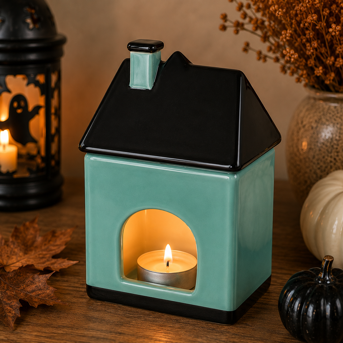 Quemador botica encantada Apothecary Halloween vista trasera con tejado desmontable y vela encendida