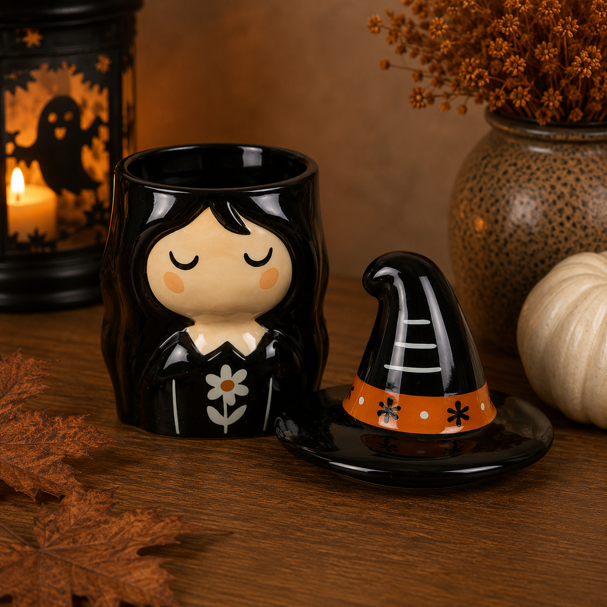 Quemador bruja kawaii Halloween sin sombrero mostrando cuenco para wax melts