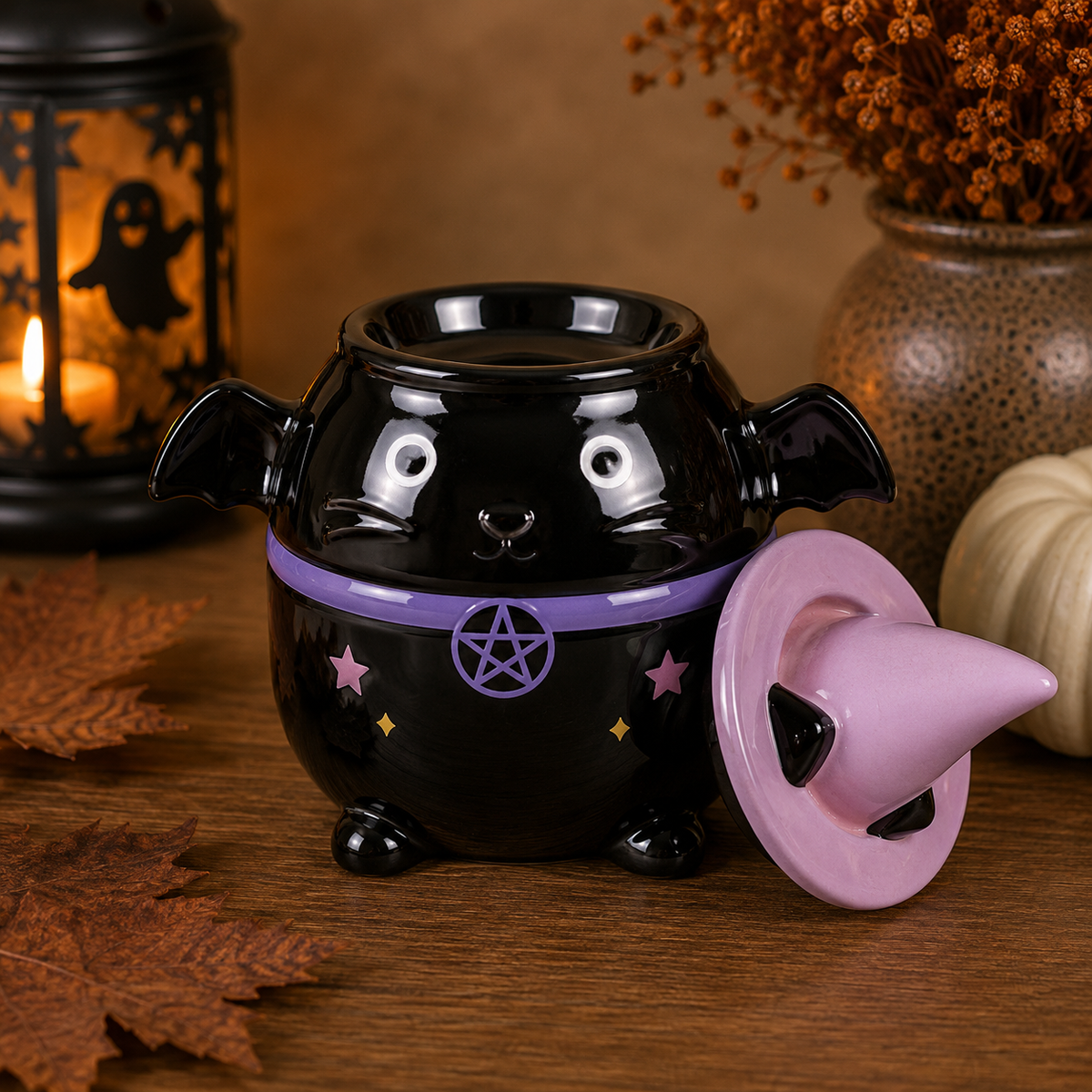 Quemador gato murciélago bruja Halloween sin sombrero mostrando cuenco para wax melts