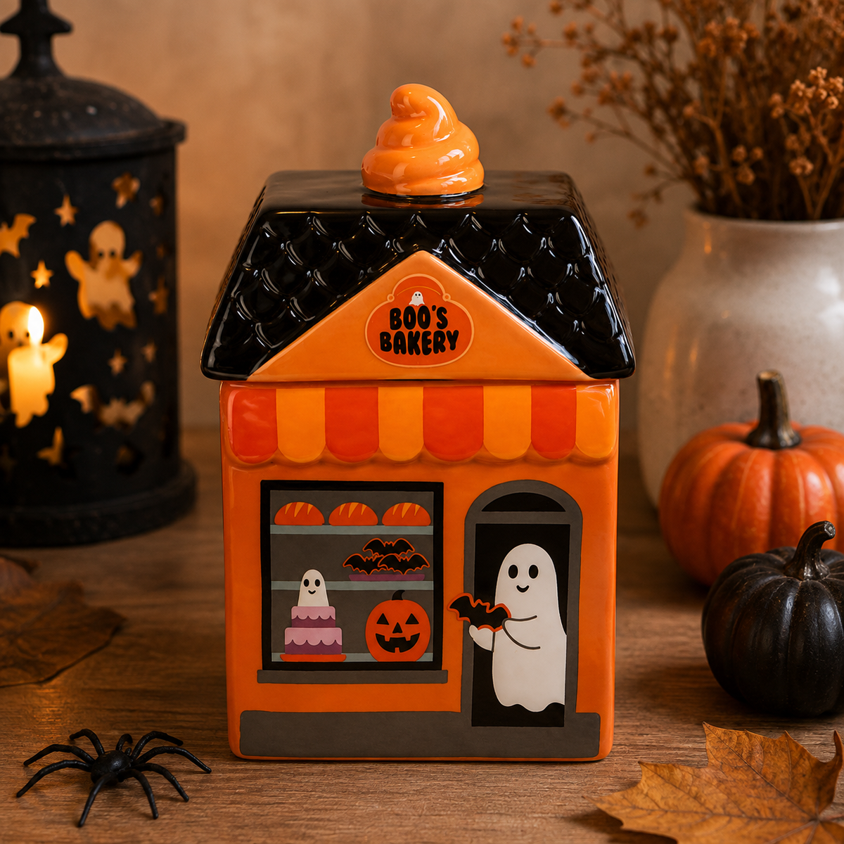 Quemador Boo's Bakery Halloween casita cerámica naranja y negro con fantasma