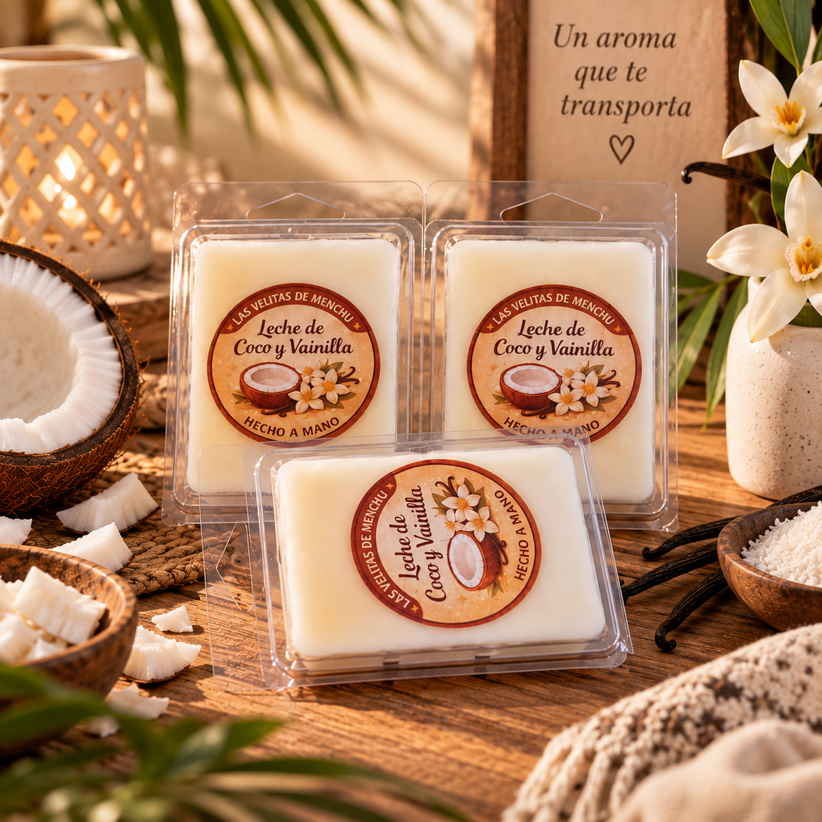 Wax Melts Leche de Coco y Vainilla - blisters con coco, vainilla y flor blanca