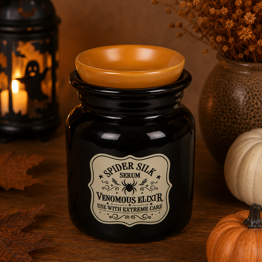 Quemador bote apotecario negro Spider Silk Serum con cuenco naranja para wax melts