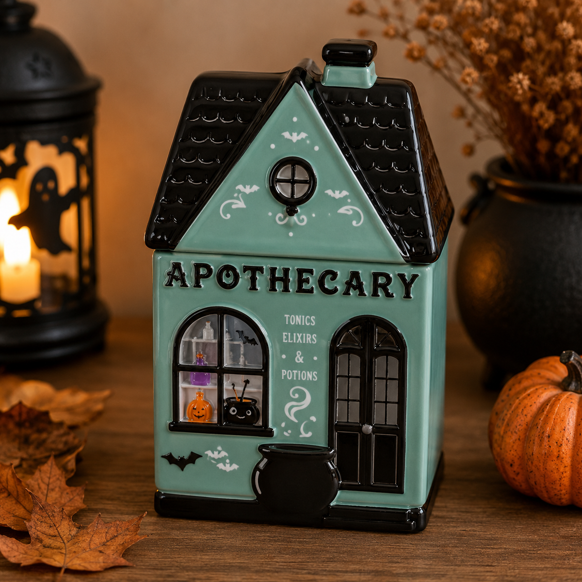 Quemador botica encantada Apothecary Halloween verde menta con escaparate iluminado