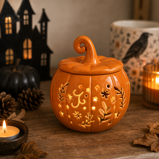 Quemador calabaza calada naranja Halloween con tapa y rabillo en espiral
