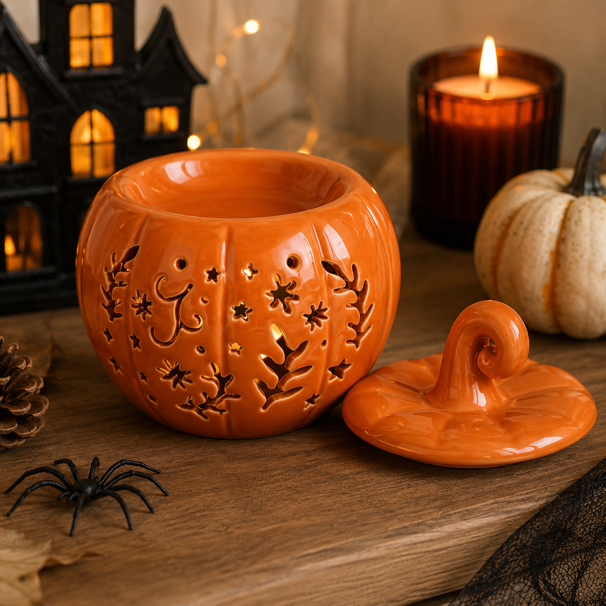 Quemador calabaza calada naranja Halloween sin tapa mostrando cuenco para wax melts