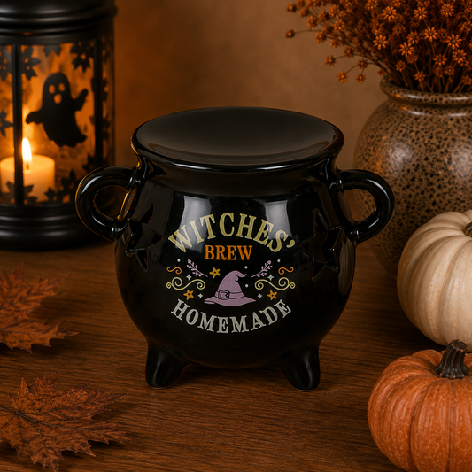 Quemador caldero de pociones Halloween vista frontal con diseño Witches Brew