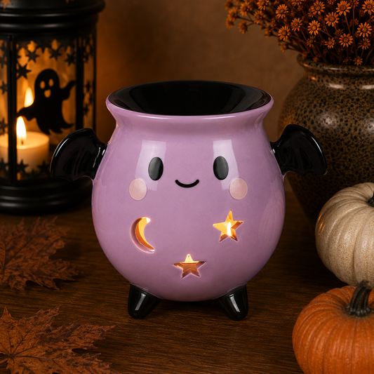 Quemador Candy Cauldron lila kawaii Halloween con calados de luna y estrellas iluminados