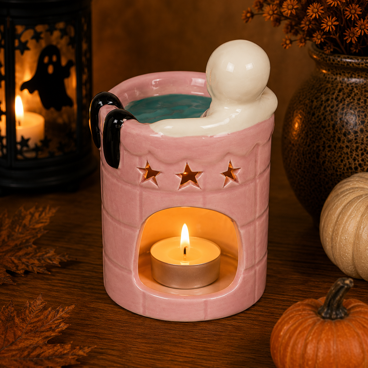 Quemador esqueleto en bañera rosa Halloween vista superior con wax melts