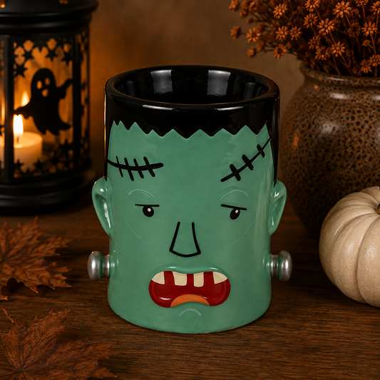 Quemador Frankenstein Halloween vista frontal en cerámica verde y negro