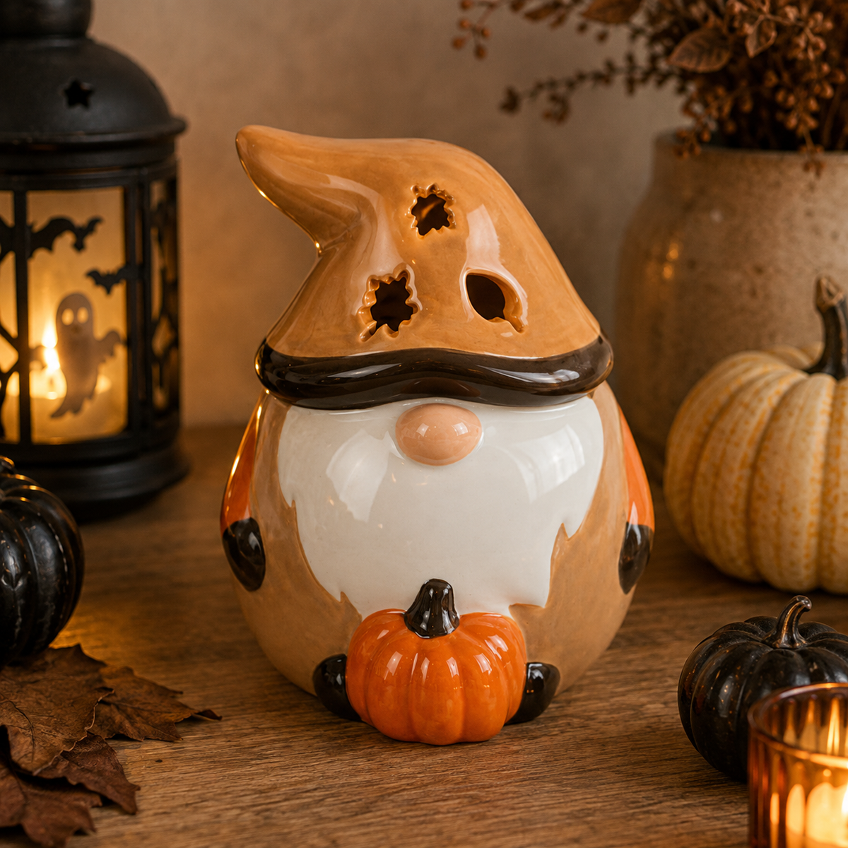 Quemador gnomo otoñal Halloween con sombrero naranja calado y calabaza