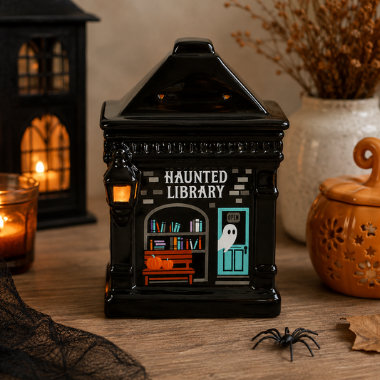 Quemador Haunted Library Halloween negro victoriano con farola y escaparate iluminado