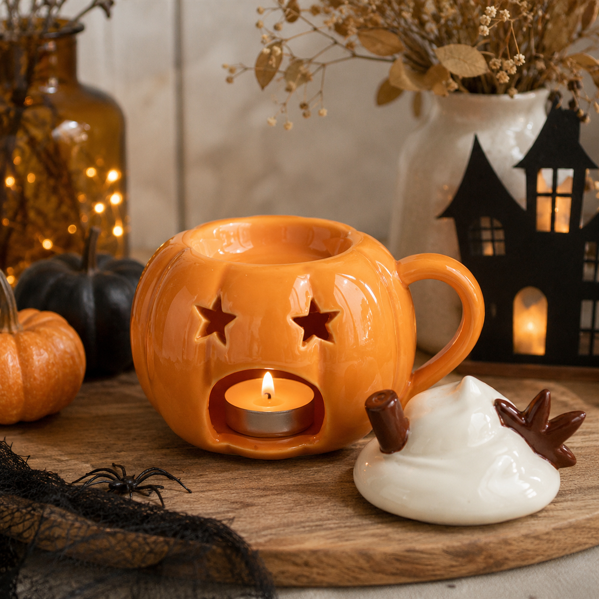 Quemador taza calabaza Halloween con tapa decorativa de nata montada